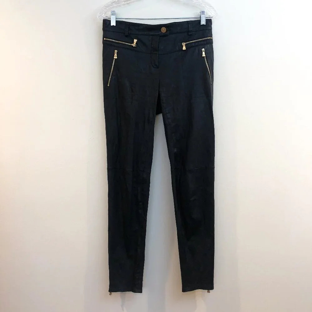 Escada Layla 100% Lamb Leather Gold Hardware Black Designer Skinny Pants ALTERED - Picture 2 of 15